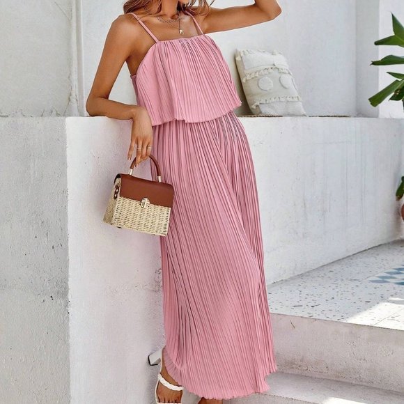 Pink Preppy Womens Solid Pleated Cami Jumpsuit - Picture 4 of 5